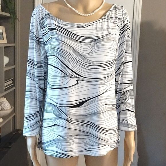 St John Women's Size Large Black and White Wave Striped Long Sleeve Shirt - Picture 1 of 10